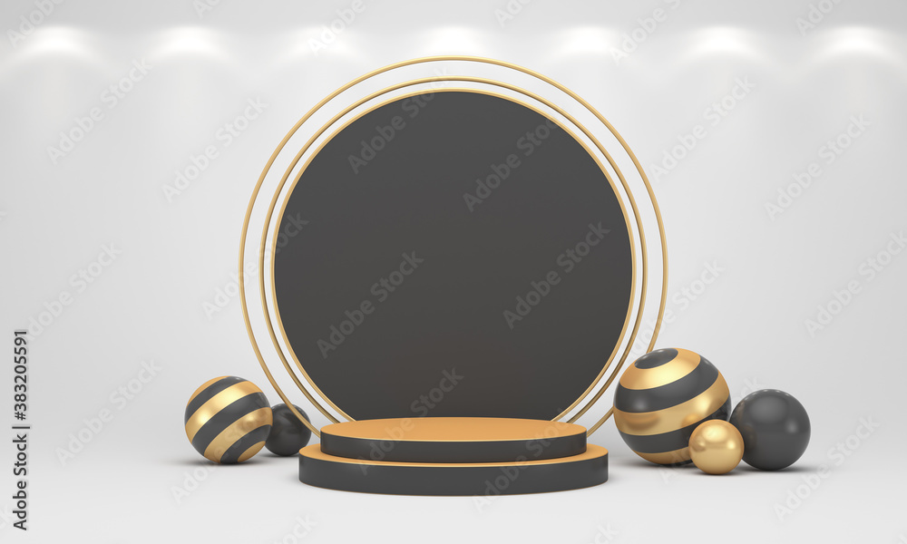 Illustrations for advertising. Gold and black spheres. Composition from an empty golden frame with a black dikor on a white background. 3d render illustration. Black Friday.