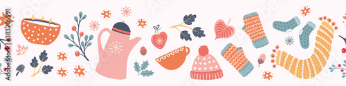 Hygge Autumn and winter pattern border design. Cute and cosy vector seamless repeat banner.