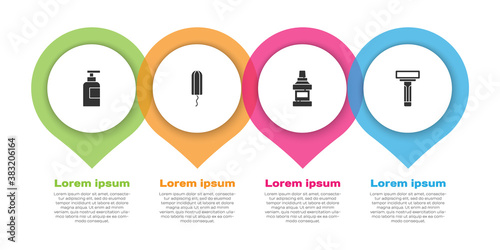 Set Bottle of shampoo, Sanitary tampon, Mouthwash bottle and Shaving razor. Business infographic template. Vector.