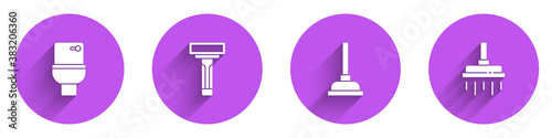 Set Toilet bowl, Shaving razor, Rubber plunger and Shower head icon with long shadow. Vector.