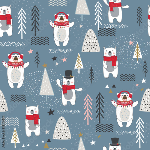 Seamless pattern with bear, forest elements and hand drawn shapes. childish texture. Great for fabric, textile Vector illustration
