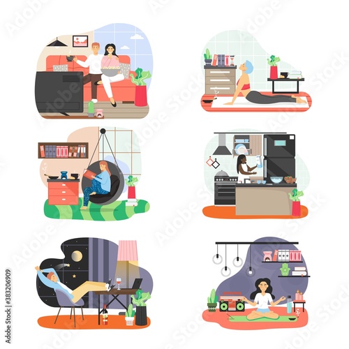 People spending free time at home, flat vector illustration. Sport, hobby and leisure activities. Everyday home routine.