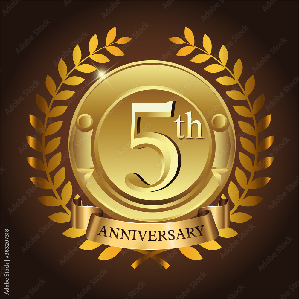 Naklejka premium 5th golden anniversary wreath ribbon logo