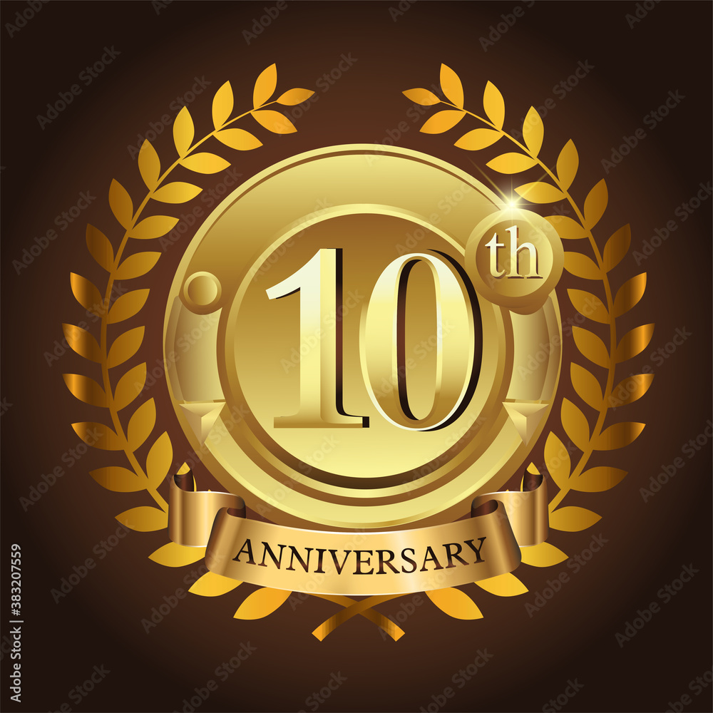 Naklejka premium 10th golden anniversary wreath ribbon logo