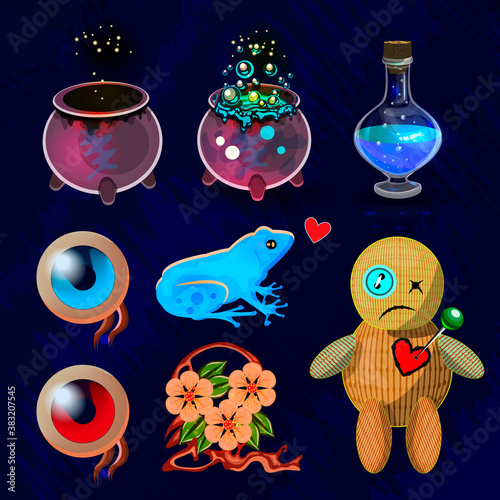 isolated vector objects. a set of components for a love potion. charms, magic, voodoo, dark forces, fairy tale. fantasy design elements.
