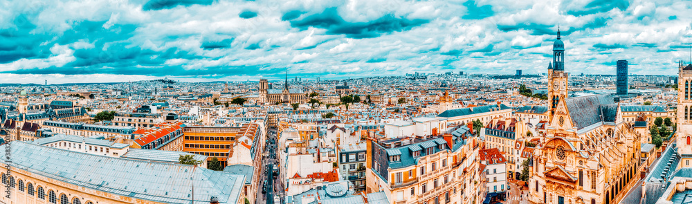 Beautiful panoramic view of Paris from the roof of the Pantheon. View on Church of Saint-Etienne-du-Mont. Beautiful panoramic view of Paris from the roof of the Pantheon. View on Church of Saint-Etienne-du-Mont.