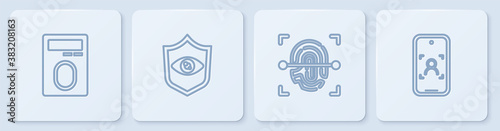 Set line Fingerprint with lock, , Shield eye scan and Mobile and face recognition. White square button. Vector.