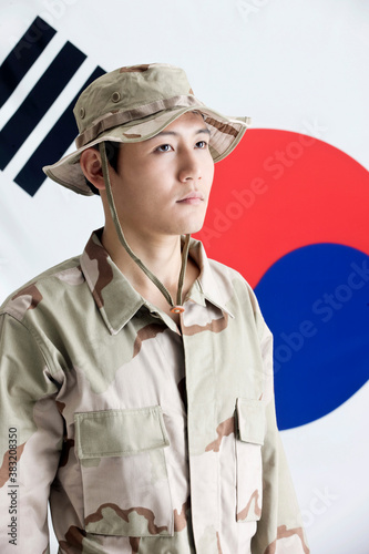 explorer in front of Korean flag, Taegeukgi photo