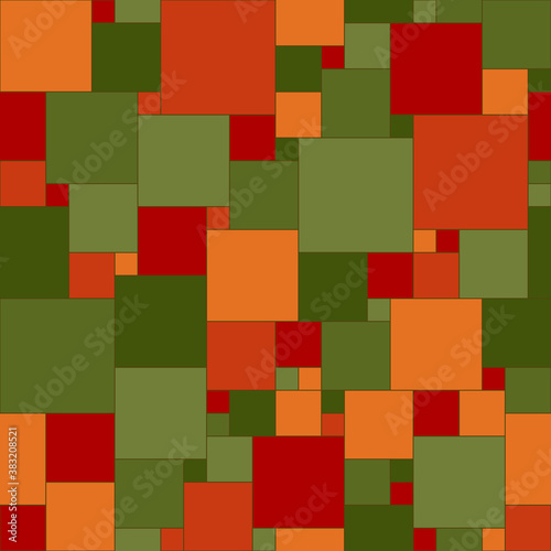 Fototapeta Naklejka Na Ścianę i Meble -  green, orange, maroon squares. vector seamless pattern. simple geometric shapes. repetitive background. fabric swatch. wrapping paper. modern stylish texture. design element for textile, home decor 