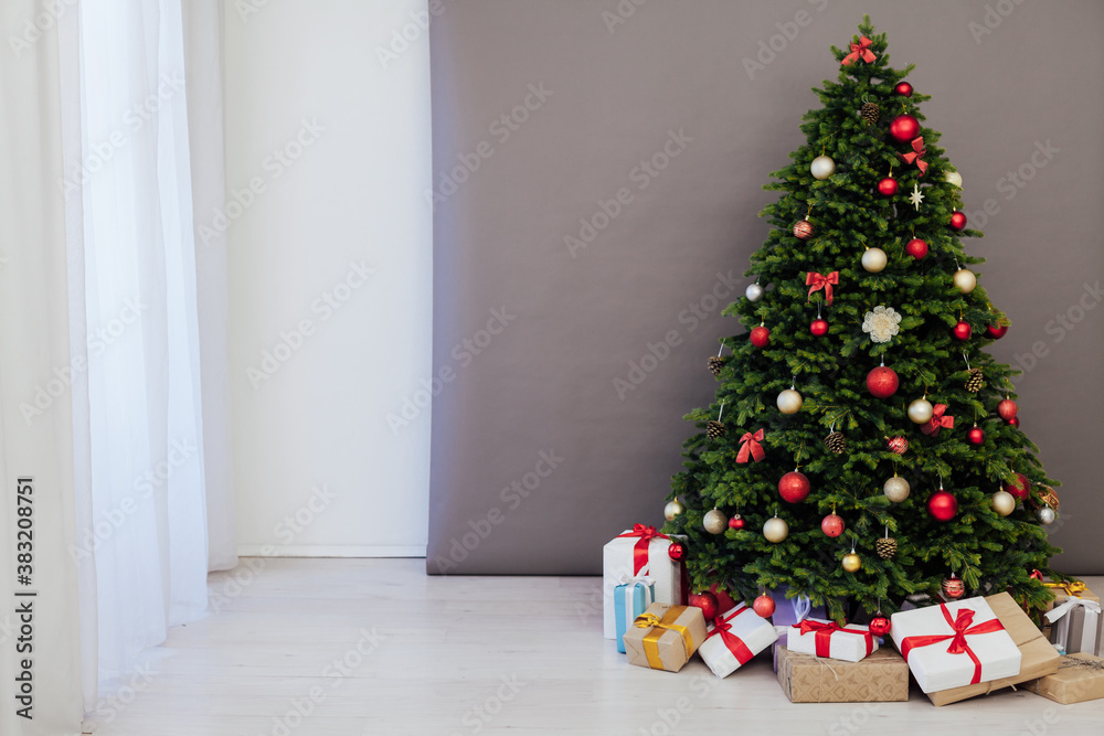 Christmas tree pine with gifts new year decor interior of the holiday postcard