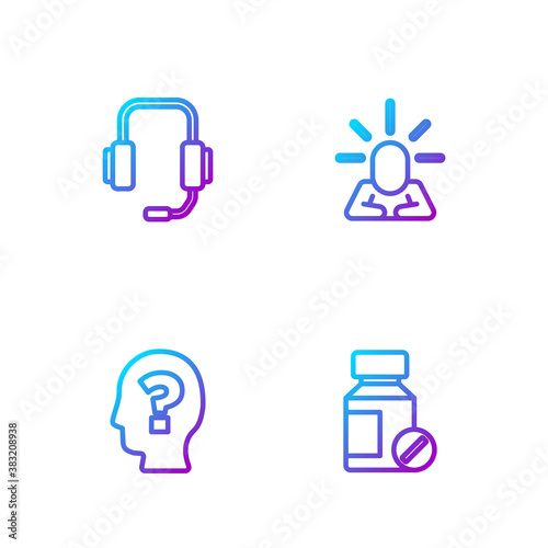 Set line Sedative pills, Head with question mark, Psychologist online and Depression. Gradient color icons. Vector.