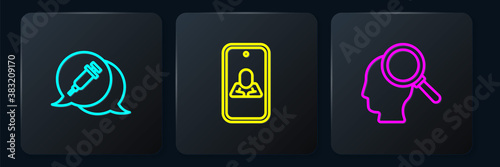 Set line Addiction to the drug, Finding a problem and Psychologist online. Black square button. Vector.