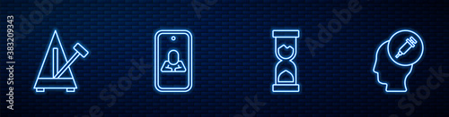 Set line Old hourglass, Metronome with pendulum, Psychologist online and Addiction to the drug. Glowing neon icon on brick wall. Vector.