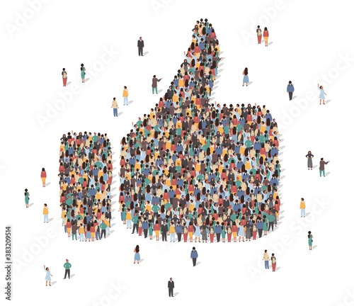 Like symbol made of many people, large crowd shape. Group of people stay in thumb up like sign formation. Social activity, collective action and public engagement. Vector isometric illustration. photo