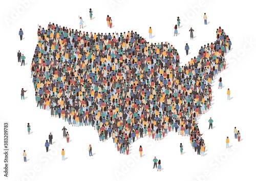 USA map made of many people, large crowd shape. Group of people stay in us country map formation. Immigration, election, multicultural diversity population concept. Vector isometric illustration. photo
