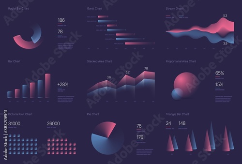 Infographic charts for business layout, presentation template and finance report. Data visualization with stock diagrams, statistic bars and charts.