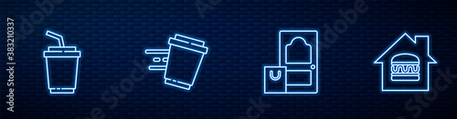 Set line Online ordering and delivery, Paper glass with water, Coffee cup to go and . Glowing neon icon on brick wall. Vector.