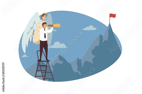 Religion, christianity, support, motivation, goal achievement concept. Angel biblical character supporting young businessman clerk manager looking at moutain flag. Divine assistance reaching purposes.