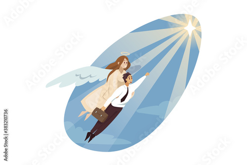 Religion, christianity, support, success, goal achievement concept. Angel carrying of young businessman clerk manager helping flying to star. Divine startup assistance and reaching purposes.