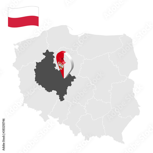 Location of  Greater Poland Province on map Poland. 3d location sign similar to the flag of Greater Poland. Quality map  with  provinces of  Poland for your design. EPS10. 
