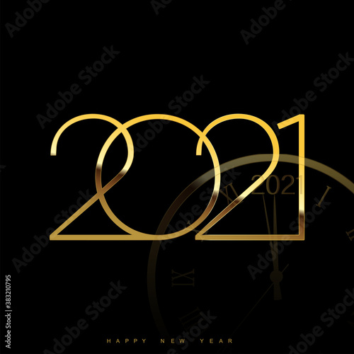 Happy 2021 Year card with golden watch on black background. Vector.