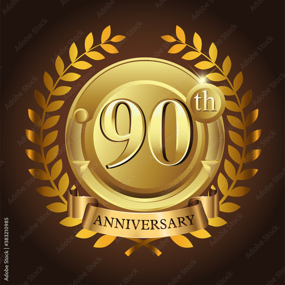 Naklejka premium 90th golden anniversary wreath ribbon logo