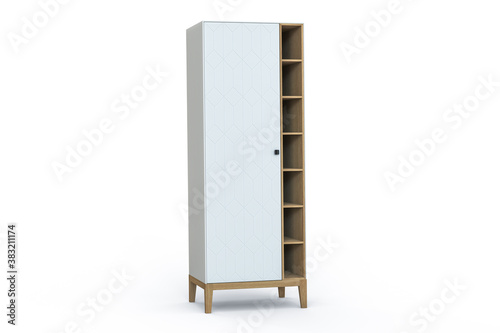 3D illustration. White modern design cupboard isolated on white background. Solid oak wood legs. Thin body edges. Furniture with open shelves for books. Rhombus pattern on door. Scandinavian style.