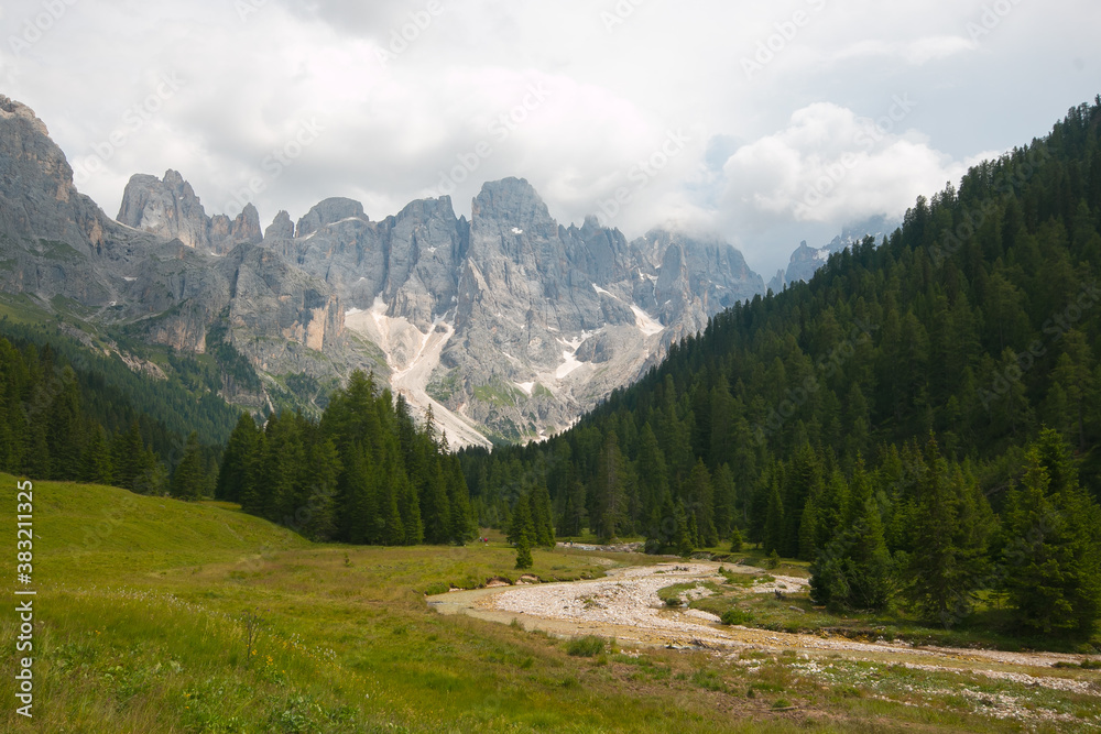 View of Pale of San Martino group view from Malga Venegia in the Dolomites