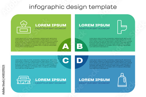 Set line Brush for cleaning, Wet wipe pack, Bottle agent and Toilet bowl. Business infographic template. Vector.