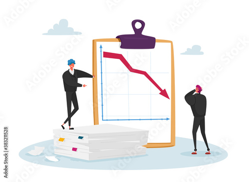 Market Drop, Fall and Depreciation Concept. Depressed Business Men Characters Look at Falling Down Red Arrow. Lose Money