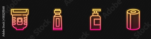 Set line Bottle of shampoo, Epilator, Tube toothpaste and Paper towel roll. Glowing neon icon. Vector.