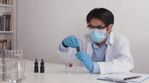 Asian Doctor or Scientist Wear Face Mask and White Coat or Gown Test Solution in Lab in Corona Virus Disease or Covid 19 Situation