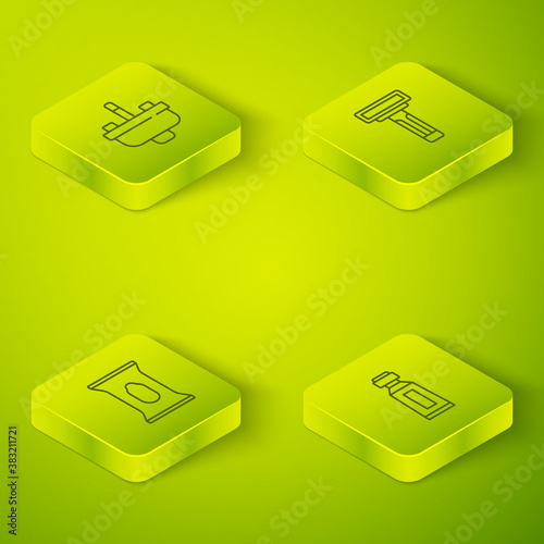 Set Isometric Shaving razor, Wet wipe pack, Tube of toothpaste and Washbasin with water tap icon. Vector.