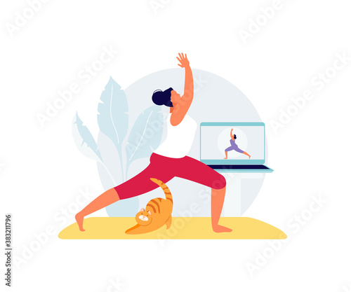 Girl and cat online practicing yoga with a coach online. Fitness online in quarantine vector illustration