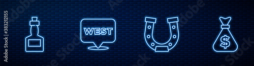 Set line Horseshoe, Tabasco sauce, Pointer to wild west and Money bag. Glowing neon icon on brick wall. Vector.