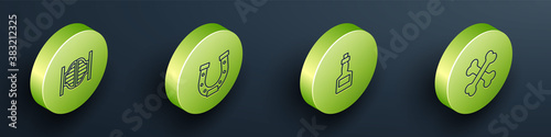 Set Isometric Saloon door, Horseshoe, Tabasco sauce and Crossed human bones icon. Vector.