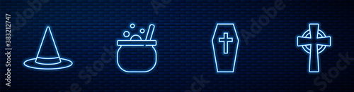 Set line Coffin with cross, Witch hat, Halloween witch cauldron and Tombstone. Glowing neon icon on brick wall. Vector.