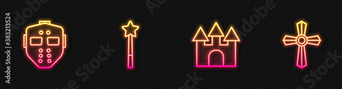 Set line Castle, Hockey mask, Magic wand and Tombstone with cross. Glowing neon icon. Vector.