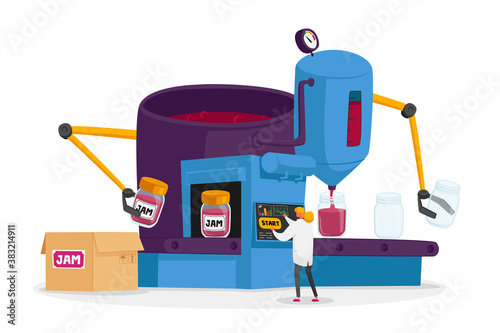 Woman Character Control Preservation of Jam to Glass Jars at Automated Manufacture Machine Put Berry Dessert into Jars