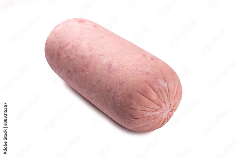 Boiled sausage isolated on white background. Slices. Boiled sausage isolated on white background. Slices.