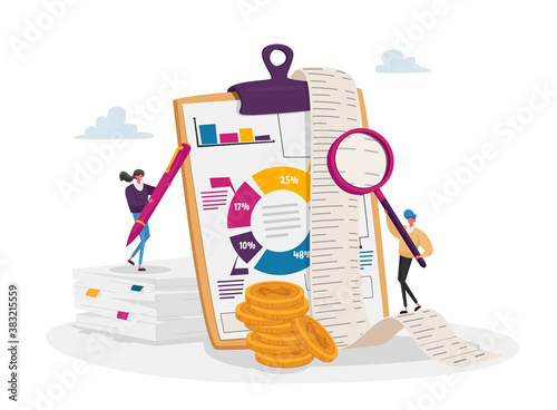 Accounting and Bookkeeping. Tiny Accountant Characters at Huge Clip Board Filling Bookkeeping Data, Graphs and Charts