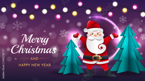 Funny Santa Claus with Christmas trees and garland on a purple background. Greeting horizontal card template.