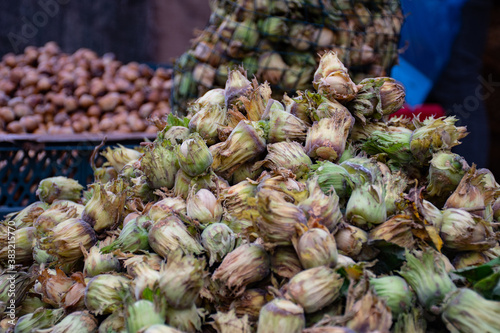 Fresh bio hazelnuts in a street market ready for selling and eating