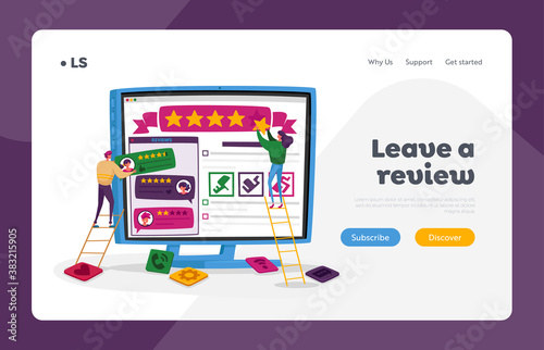 Customer Online Review, Rating Landing Page Template. Tiny People Put Stars at Huge Pc Monitor with App. Client Feedback
