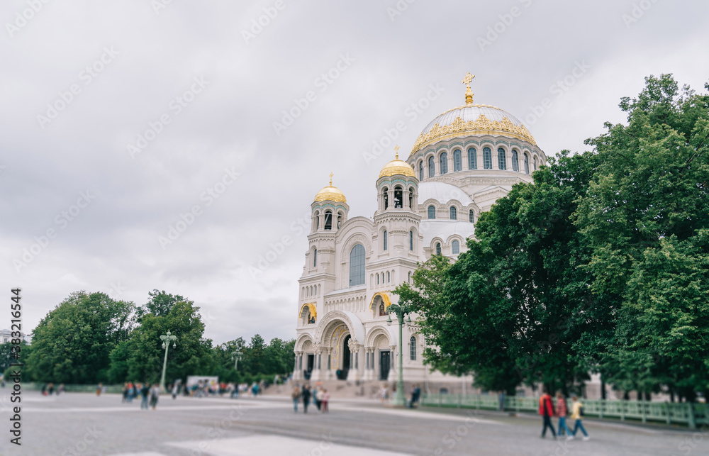 Kronstadt, Saint-Petersburg, Russia. Russian Orthodox Naval cathedral of Saint Nicholas on Anchors square in summer.