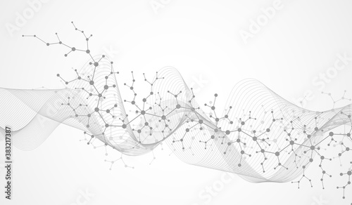 Molecular structure background. Science template wallpaper or banner with a DNA molecules. Asbtract scientific molecule background. Wave flow, innovation pattern. Vector illustration.