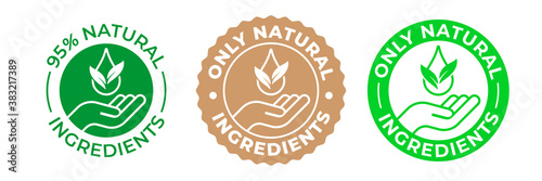 Natural ingredients product icon, green organic bio vector logo with hand, leaf and drop. 95 percent natural ingredients, pure eco label stamp for products package, GMO free and no paraben certificate