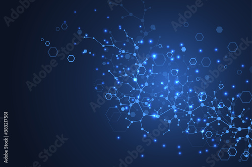 Molecular structure background. Science template wallpaper or banner with a DNA molecules. Asbtract scientific molecule background. Wave flow, innovation pattern. Vector illustration.