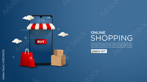 Online shopping background, with 3d illustrations of mobile phones and shopping bags.
