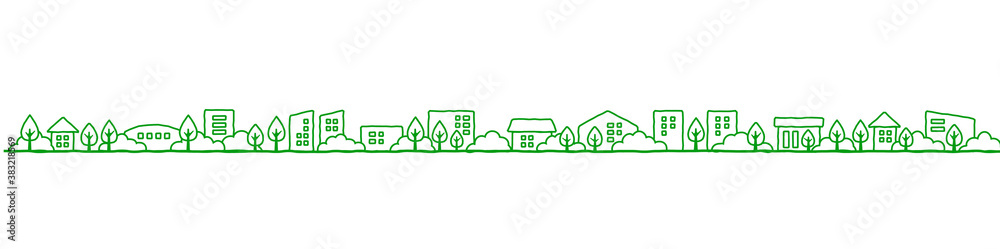Town View Line A3見開きノンブル余白あり 手書き線画の街並み風景 緑 Stock Vector Adobe Stock